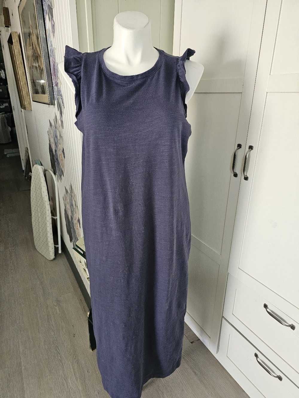 Old Navy Blue Ruffle Sleeve Tank Dress Midi Slub Knit Side Slit XL Tall 14-16